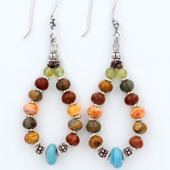 925 Turquoise, Jasper, Spiny Oyster Hoop Earrings - Picture 2 of 3